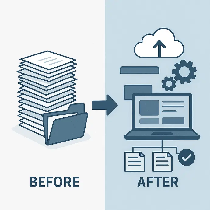 eine Vorher/Nachher-Darstellung (Papierstapel vs. digitaler Workflow)